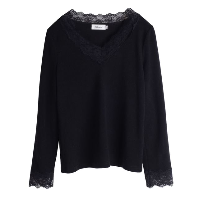 V-Neck Lace Panel Top Long Sleeve