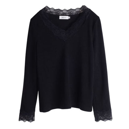 V-Neck Lace Panel Top Long Sleeve