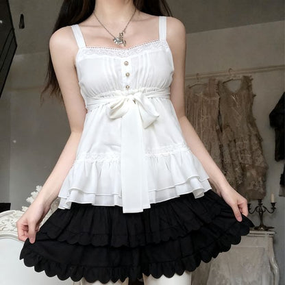 Ruffle Front Button Camisole with Tie Detail