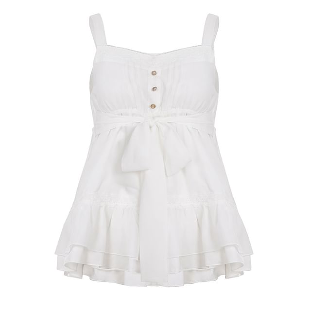 Ruffle Front Button Camisole with Tie Detail