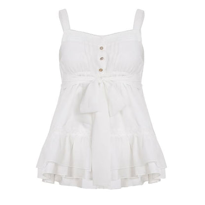 Ruffle Front Button Camisole with Tie Detail