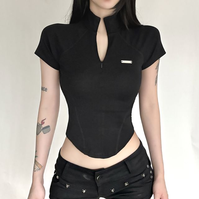 Mock Neck Half-Zip Short Sleeve Top