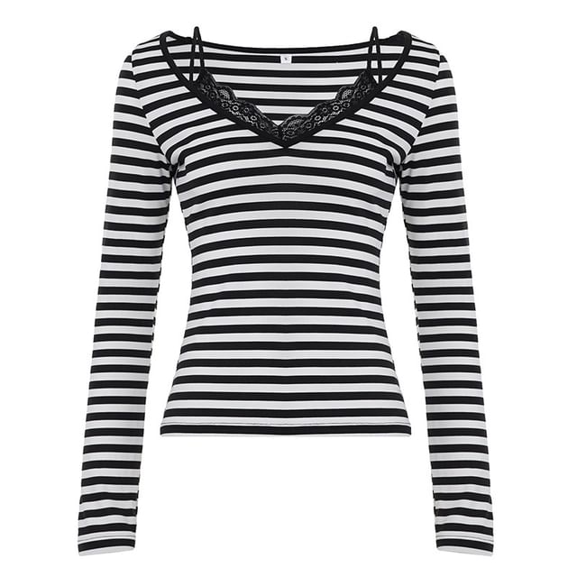 Long Sleeve V-Neck Striped Mock Two Piece Lace Trim Top