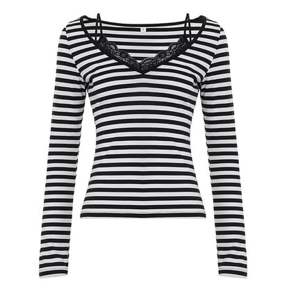 Long Sleeve V-Neck Striped Mock Two Piece Lace Trim Top