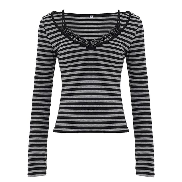 Long Sleeve V-Neck Striped Mock Two Piece Lace Trim Top
