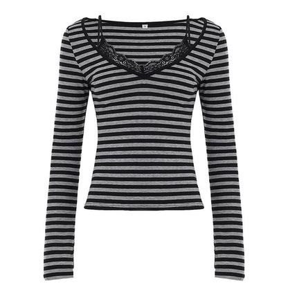 Long Sleeve V-Neck Striped Mock Two Piece Lace Trim Top