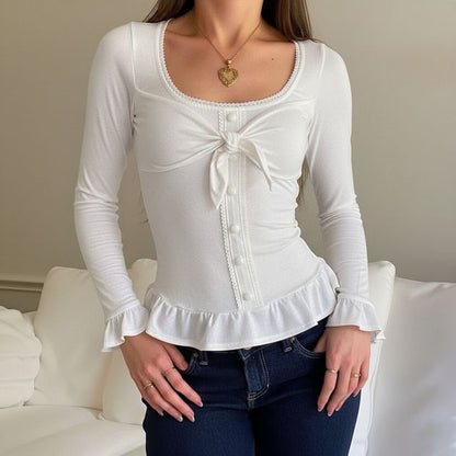 Square Neck Ruffle Button-Up Long Sleeve Blouse