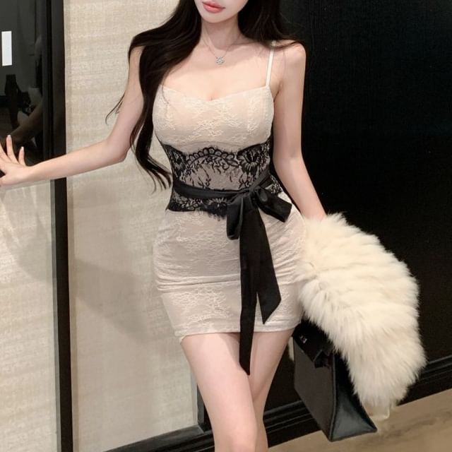Spaghetti Strap V-Neck Tie Waist Lace Mini Bodycon Dress