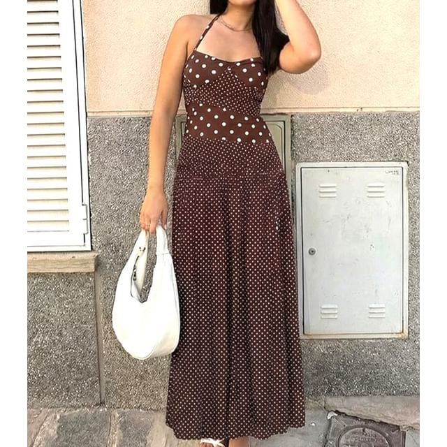 Spaghetti Strap Halter Neck Polka Dot Slim-Fit Maxi Dress