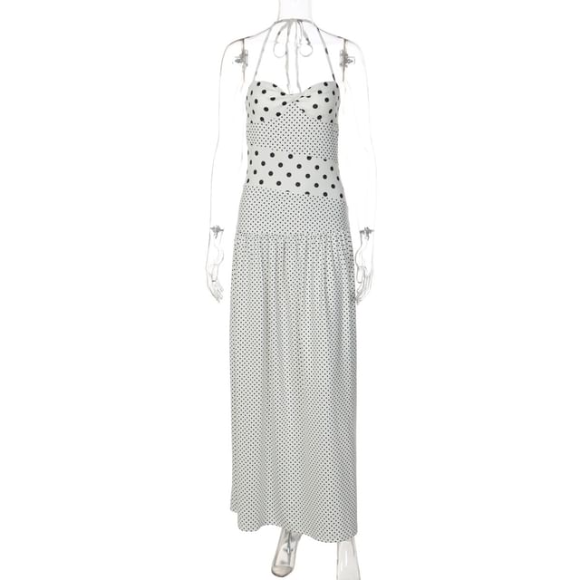 Spaghetti Strap Halter Neck Polka Dot Slim-Fit Maxi Dress