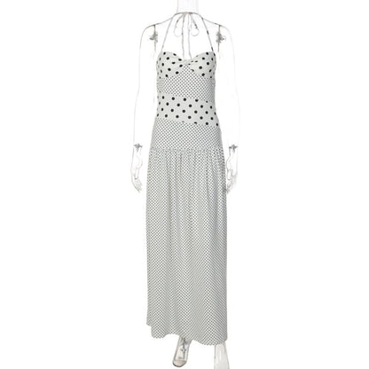 Spaghetti Strap Halter Neck Polka Dot Slim-Fit Maxi Dress