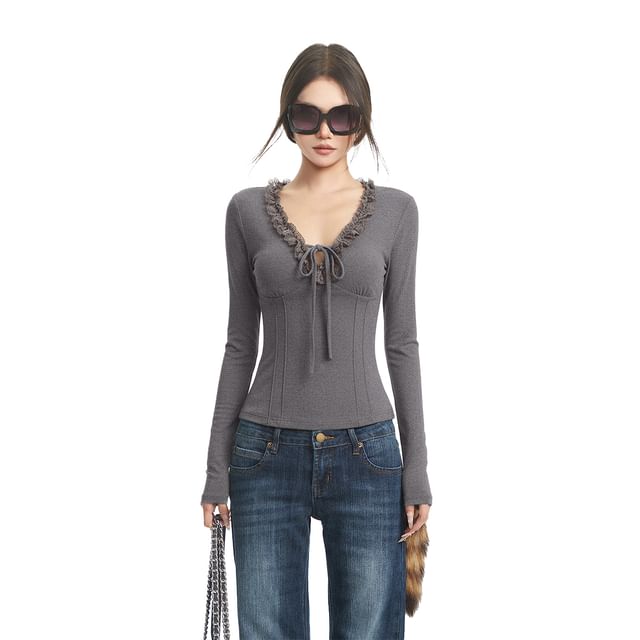 V-Neck Long Sleeve Tee with Lace Accents