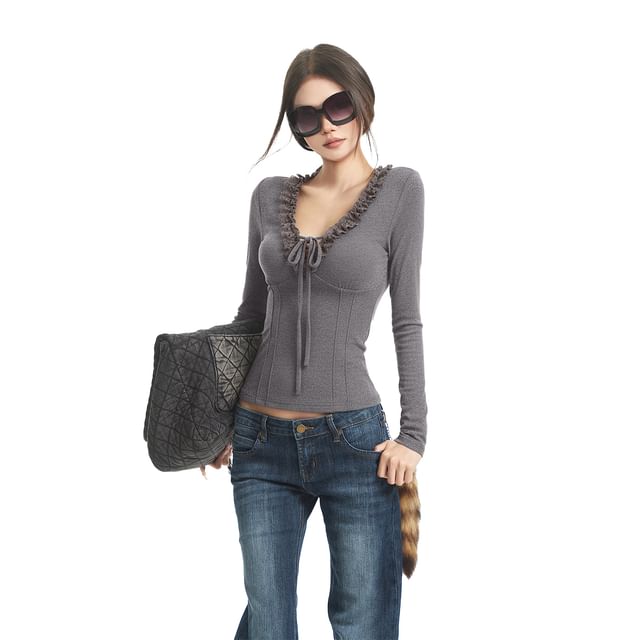 V-Neck Long Sleeve Tee with Lace Accents