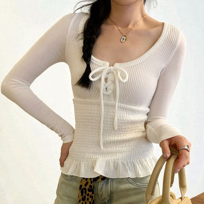 Long-Sleeve Scoop Neck Plain Lace Up Ruffle Trim T-Shirt