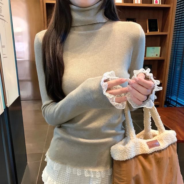 Turtleneck Knit Top with Lace Trim and Long Sleeves