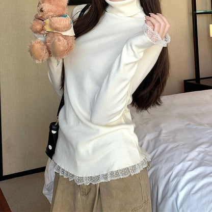 Turtleneck Knit Top with Lace Trim and Long Sleeves