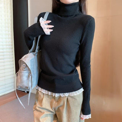 Turtleneck Knit Top with Lace Trim and Long Sleeves