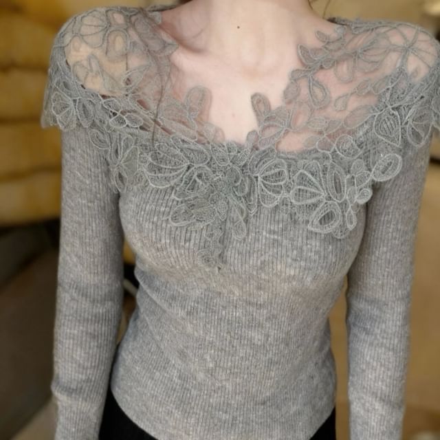 Long-Sleeve V-Neck Lace Panel Knit Top