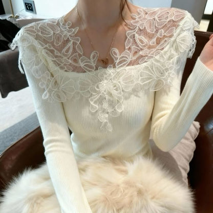 Long-Sleeve V-Neck Lace Panel Knit Top