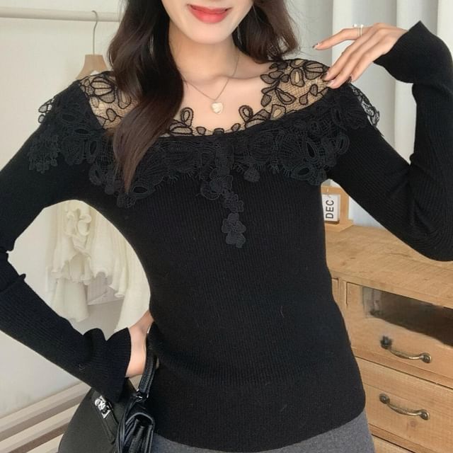 Long-Sleeve V-Neck Lace Panel Knit Top