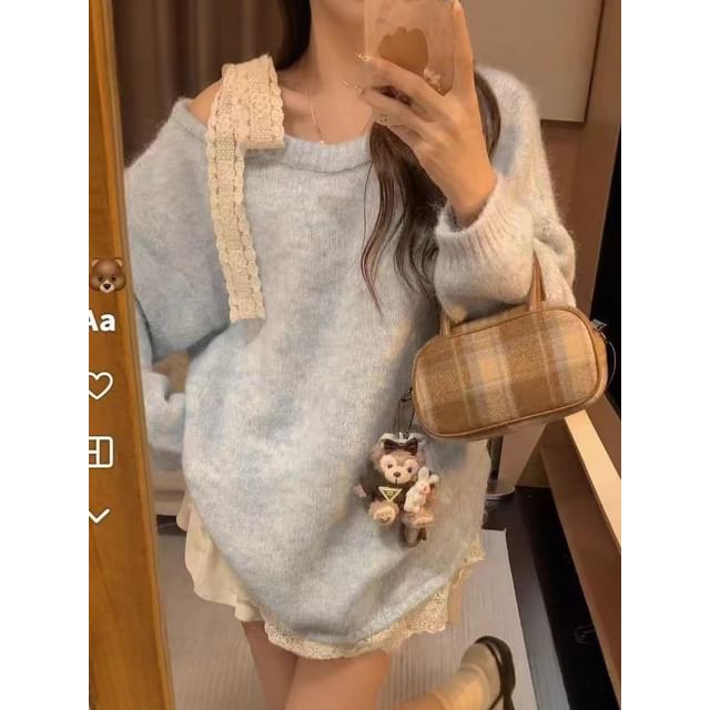 Oversized Round Neck Sweater with Lace Trim