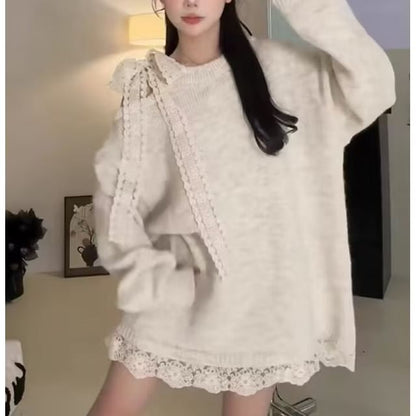 Oversized Round Neck Sweater with Lace Trim