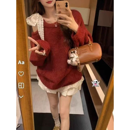 Oversized Round Neck Sweater with Lace Trim