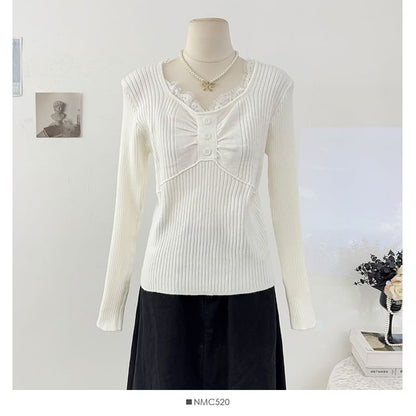 Round Neck Ruched Knit Top with Lace Panels