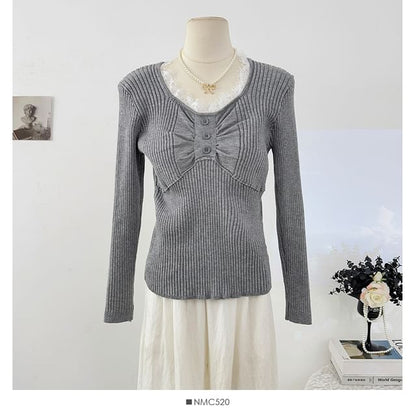 Round Neck Ruched Knit Top with Lace Panels