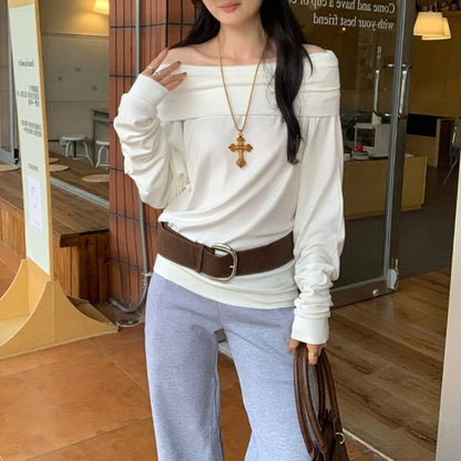Off-Shoulder Long Sleeve Basic Top
