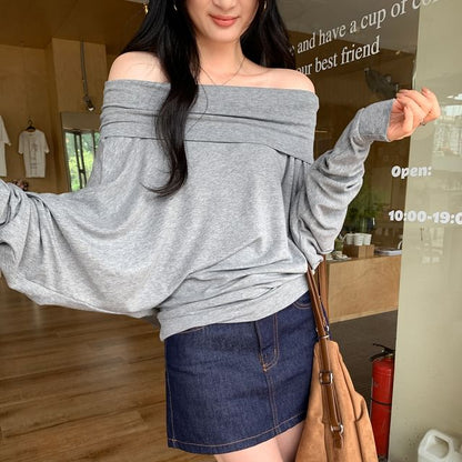 Off-Shoulder Long Sleeve Basic Top
