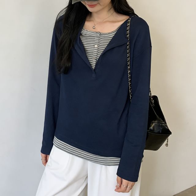 Henley Mock Layer Long Sleeve Top