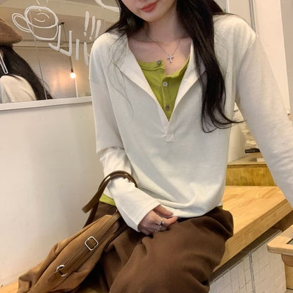 Henley Mock Layer Long Sleeve Top