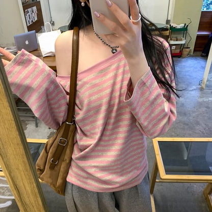 One-Shoulder Striped Long Sleeve Tee