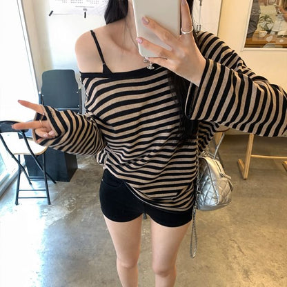 One-Shoulder Striped Long Sleeve Tee