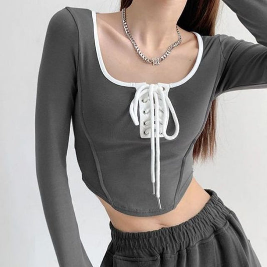 Scoop Neck Asymmetrical Cropped Tee with Lace-Up Trim