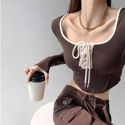 Scoop Neck Asymmetrical Cropped Tee with Lace-Up Trim