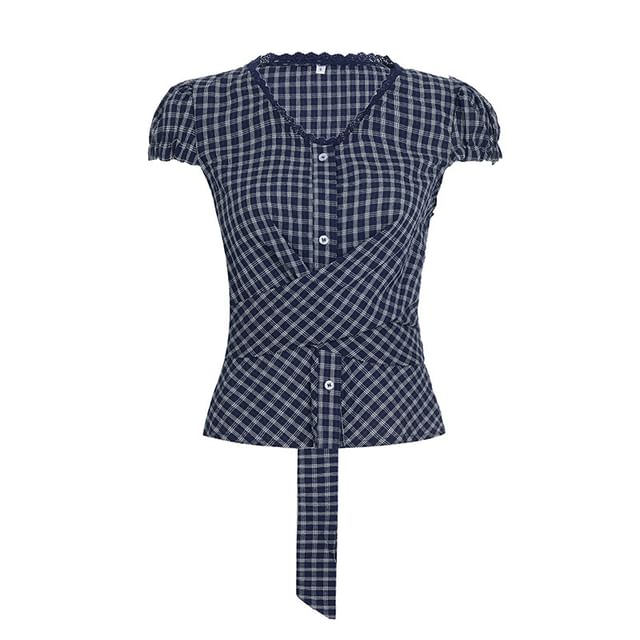 Cap Sleeve V-Neck Plaid Tie-Back Blouse