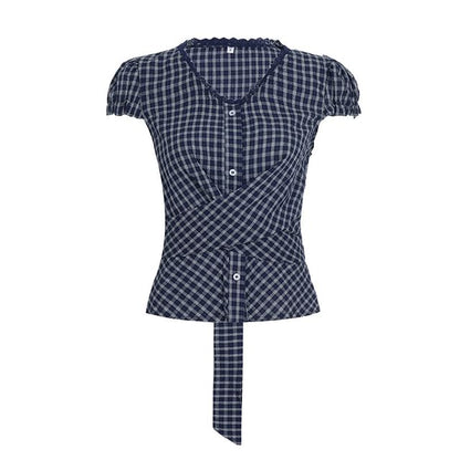 Cap Sleeve V-Neck Plaid Tie-Back Blouse