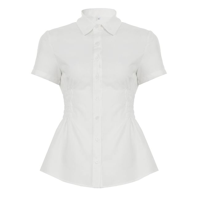 Short-Sleeve Collared Shirred Shirt