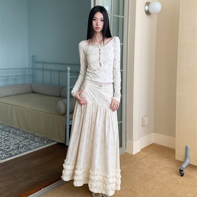 Lace Top and High Waist A-Line Maxi Skirt Set