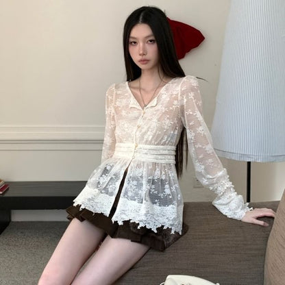 V-Neck Lace Top with Long Sleeves