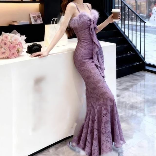 Spaghetti Strap Furry Trim Maxi Mermaid Dress