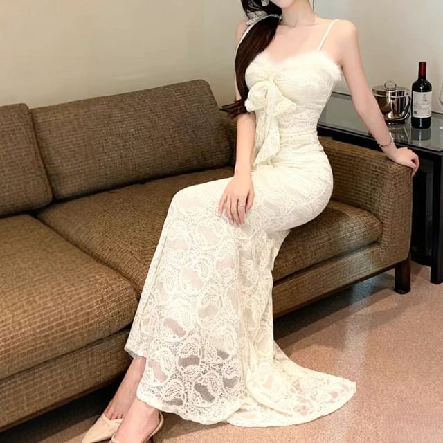 Spaghetti Strap Furry Trim Maxi Mermaid Dress