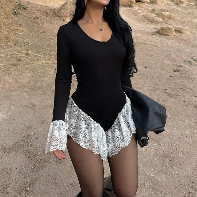 Long Sleeve Scoop Neck Panel Lace Bodysuit Top