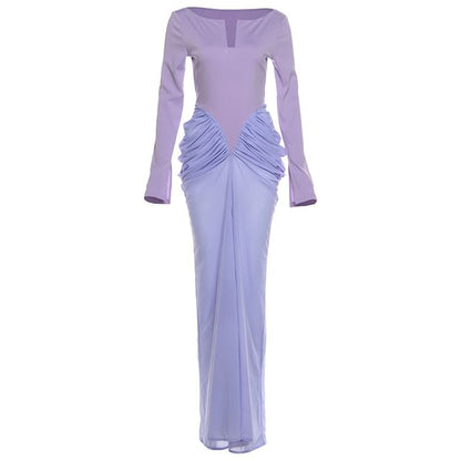 Long Sleeve V-Neck Ruched Panel Mesh Maxi Sheath Dress