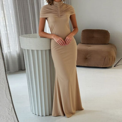 Cap Sleeve Mock Neck Plain Ruched Cutout Maxi Sheath Dress