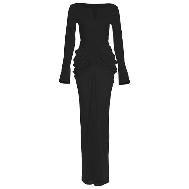 Long Sleeve V-Neck Ruched Panel Mesh Maxi Sheath Dress