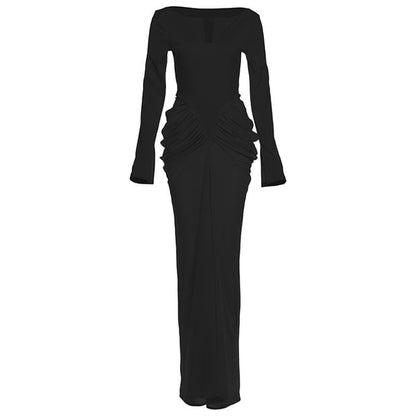 Long Sleeve V-Neck Ruched Panel Mesh Maxi Sheath Dress