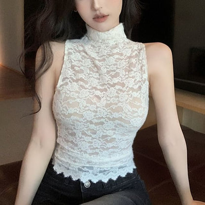 Long Sleeve Off Shoulder Plain Top / Sleeveless Mock Neck Plain Lace Top / High Waist Dotted Shorts